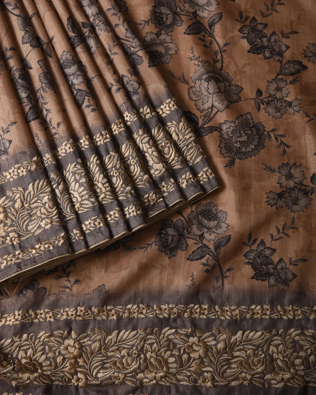 Beige With Gray Silk Blend Printed With Embroidery Saree With Silk Blend Printed Blouse