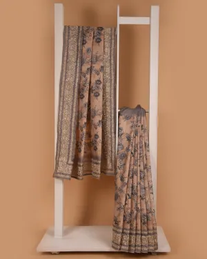 Beige With Gray Silk Blend Printed With Embroidery Saree With Silk Blend Printed Blouse