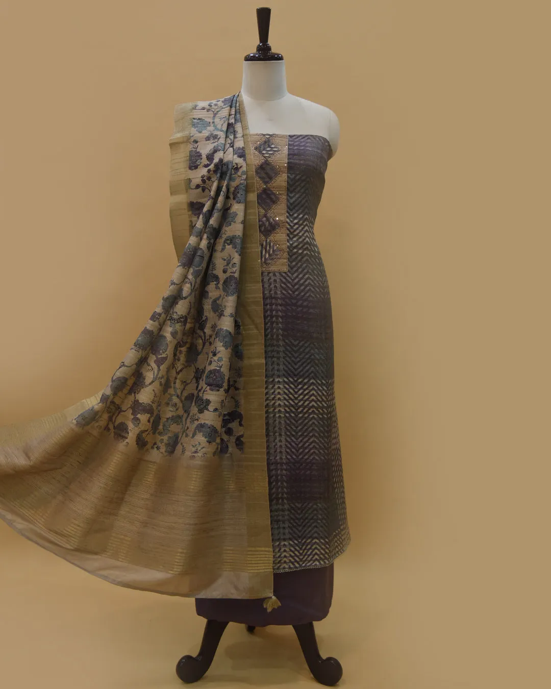 Beige With Purple Cotton Silk Blend Printed With Embroidery Unstitched Suit Fabric Set With Cotton Silk Printed Dupatta