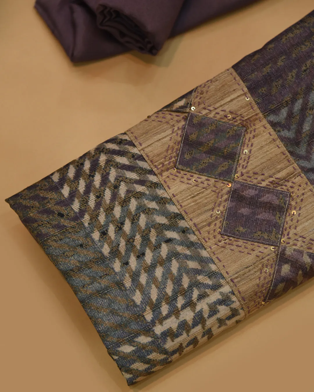 Beige With Purple Cotton Silk Blend Printed With Embroidery Unstitched Suit Fabric Set With Cotton Silk Printed Dupatta