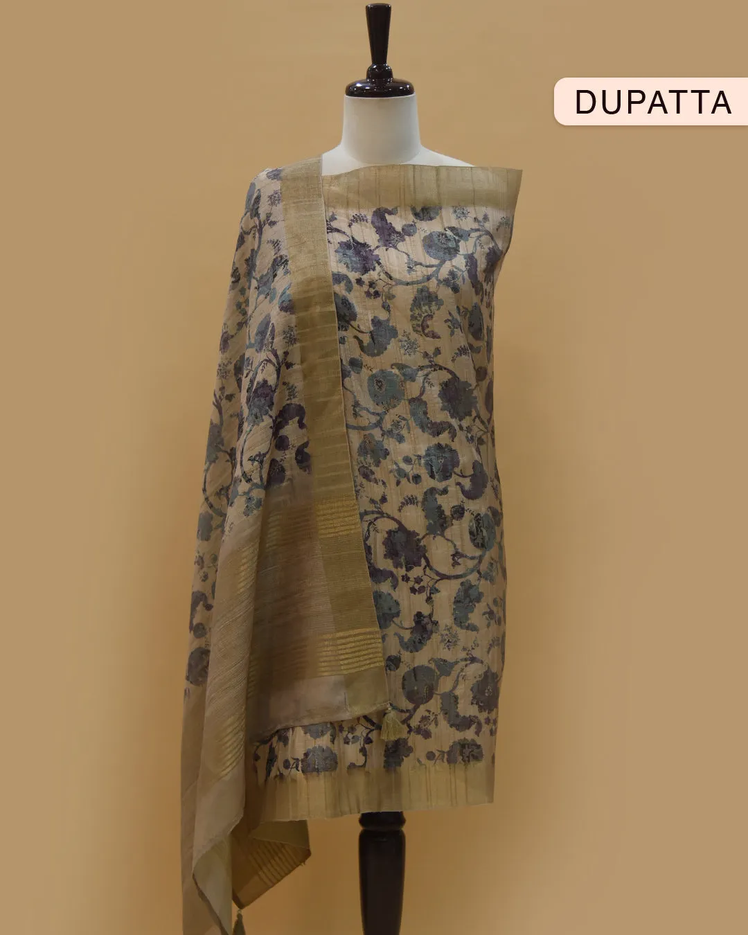 Beige With Purple Cotton Silk Blend Printed With Embroidery Unstitched Suit Fabric Set With Cotton Silk Printed Dupatta
