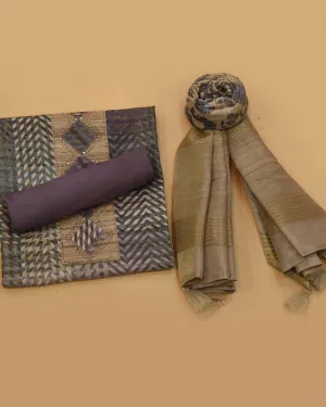 Beige With Purple Cotton Silk Blend Printed With Embroidery Unstitched Suit Fabric Set With Cotton Silk Printed Dupatta