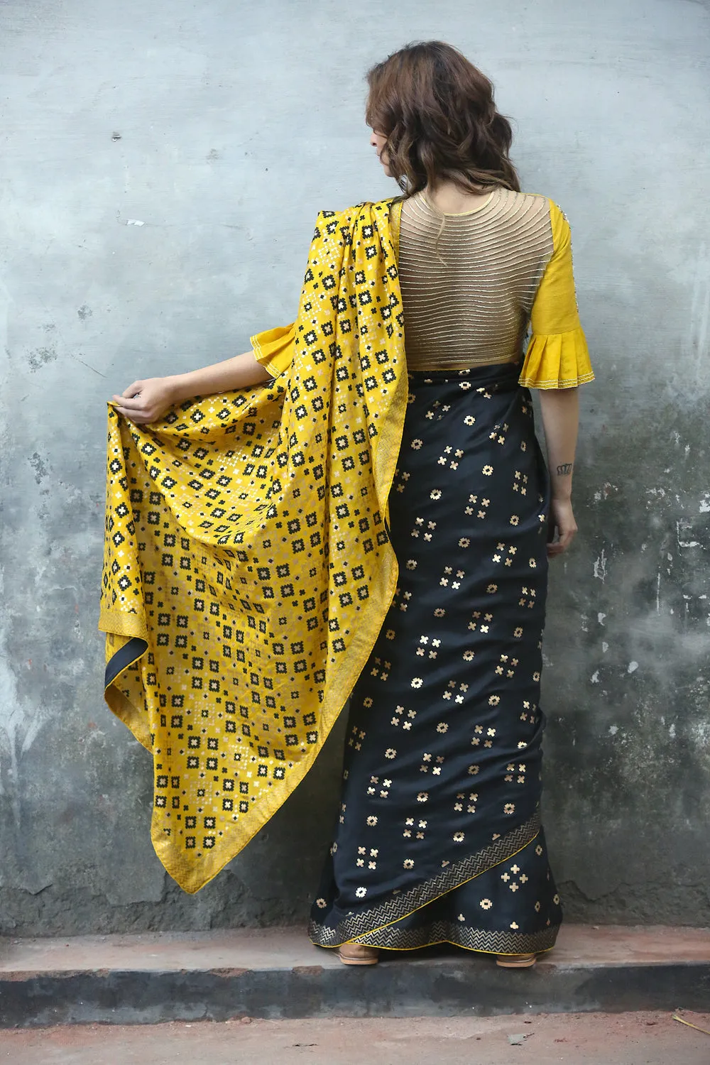 Black & Mustard Ombre Saree Set