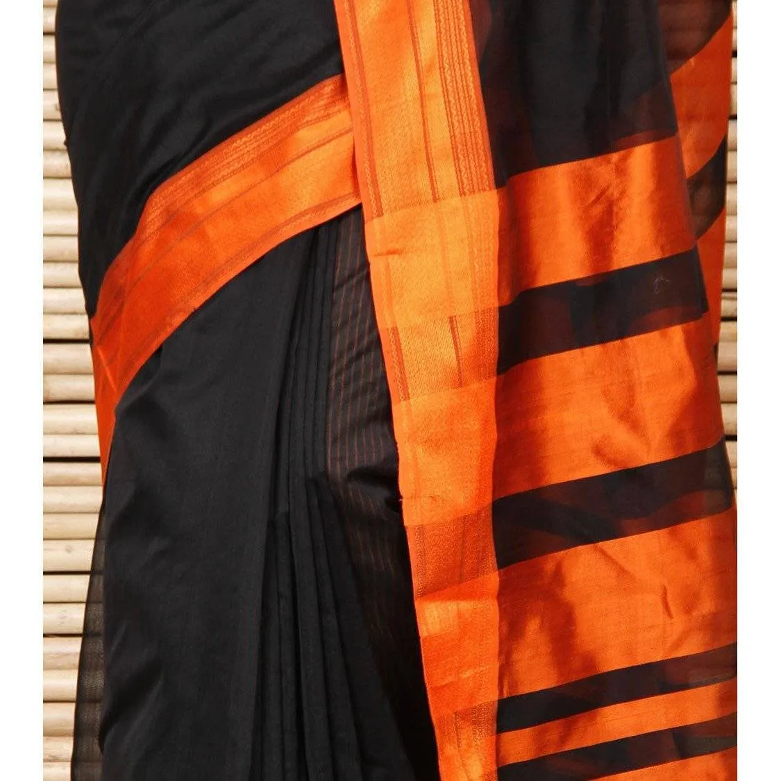 Black & Orange Cotton Silk Maheshwari Saree