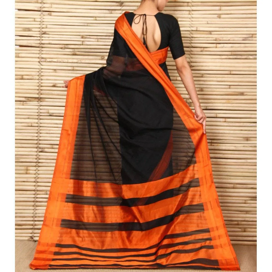 Black & Orange Cotton Silk Maheshwari Saree