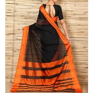 Black & Orange Cotton Silk Maheshwari Saree