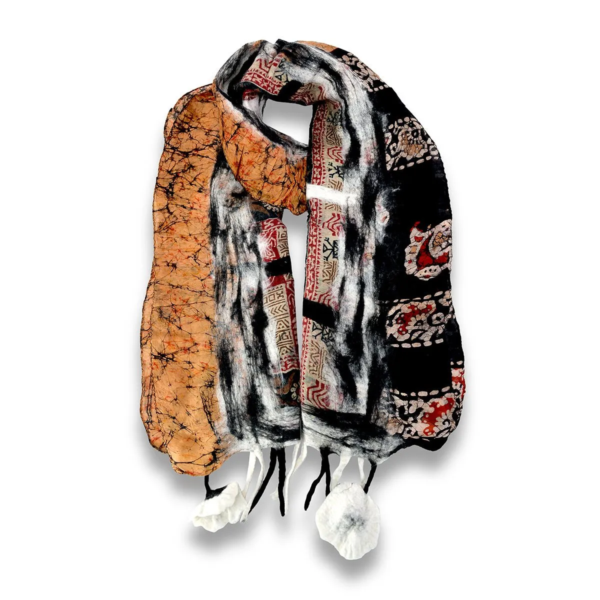 Black & White Felt and Saree Vintage Scarves with Flower Hanging