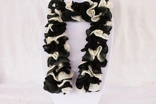 Black and White Ruffle Scarf, Handmade Scarf, Winter Scarf, Long Scarf