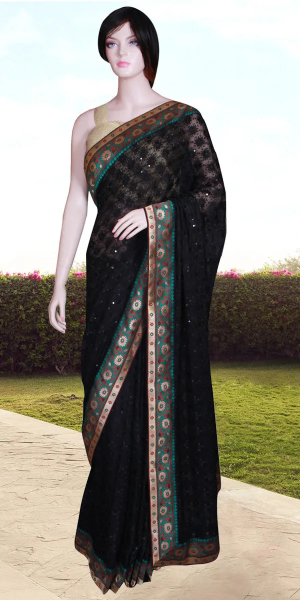 Black Chiffon Saree with Phulkari embroidery and  Banarasi Border work