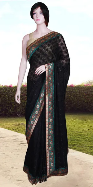 Black Chiffon Saree with Phulkari embroidery and  Banarasi Border work
