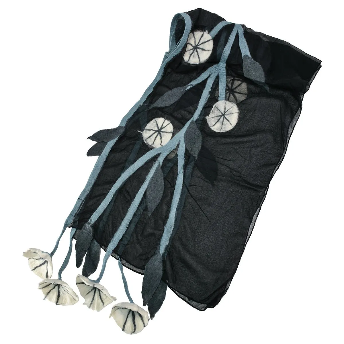 Black Chiffon Scarves with Felted Flower Hanging