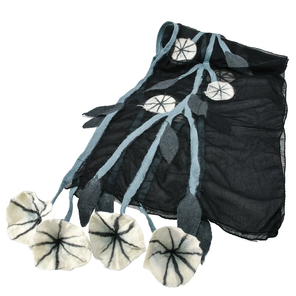 Black Chiffon Scarves with Felted Flower Hanging