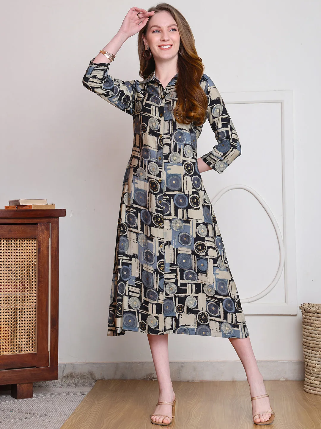Black Color Abstract Printed Chanderi Premium Dress For Women