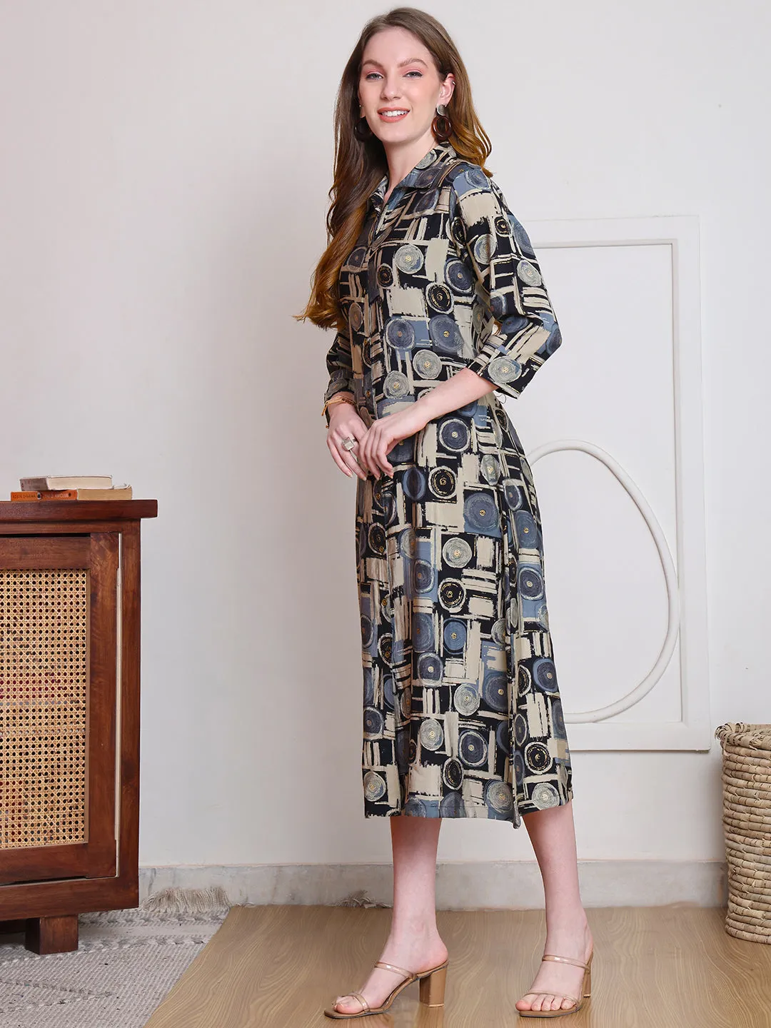 Black Color Abstract Printed Chanderi Premium Dress For Women
