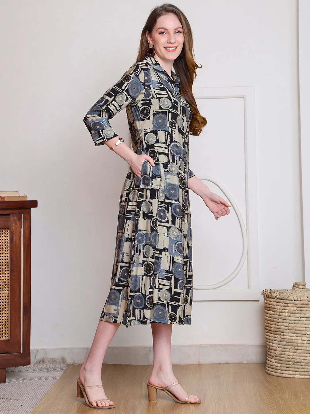 Black Color Abstract Printed Chanderi Premium Dress For Women