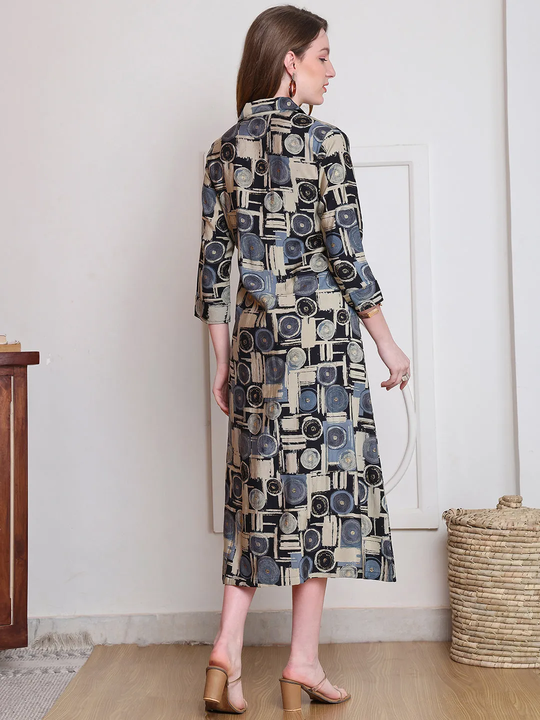 Black Color Abstract Printed Chanderi Premium Dress For Women