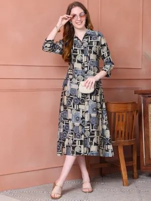 Black Color Abstract Printed Chanderi Premium Dress For Women