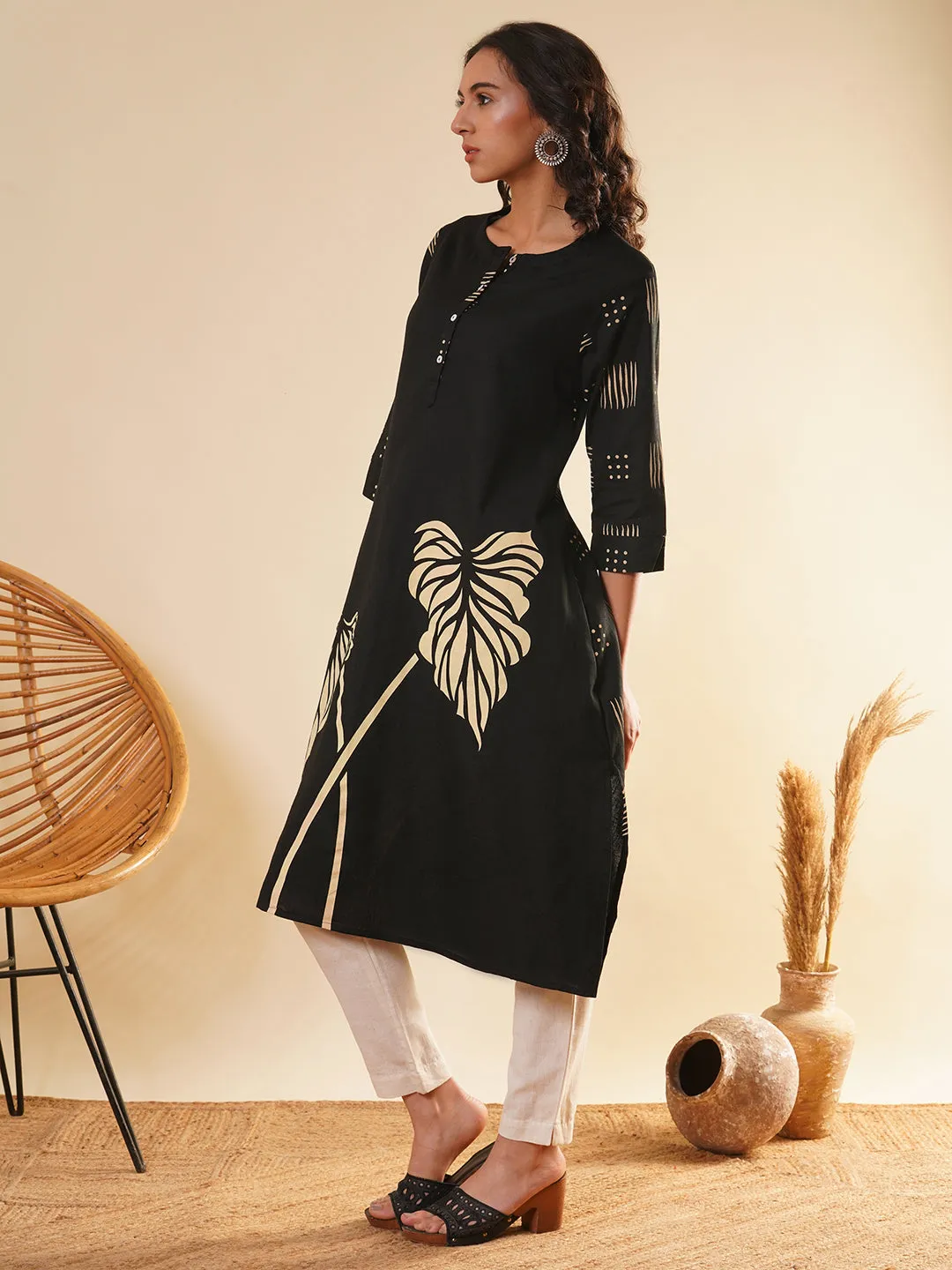 Black Comfort Fit Cotton Kurta for Women Online in India - Zola
