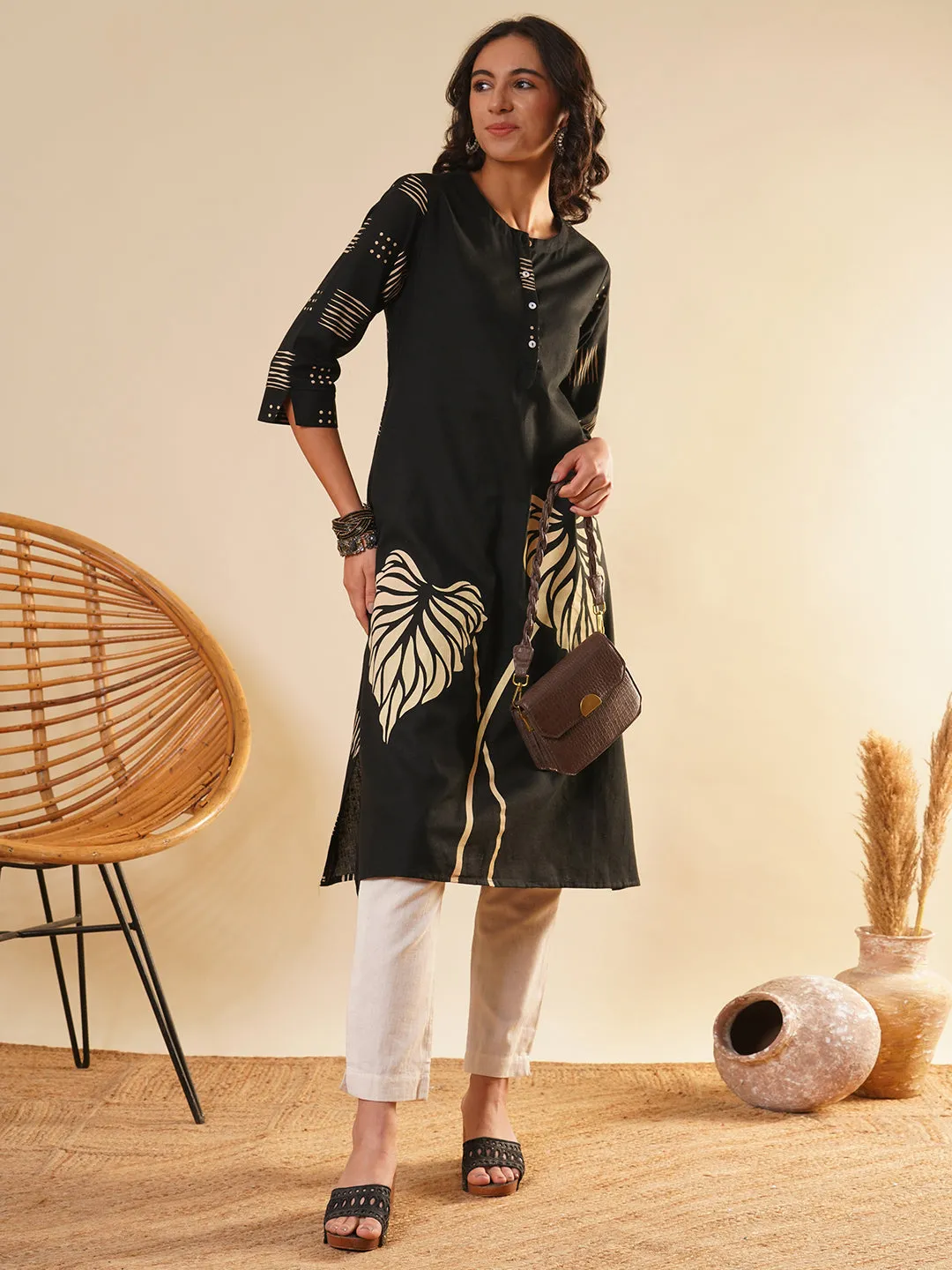 Black Comfort Fit Cotton Kurta for Women Online in India - Zola