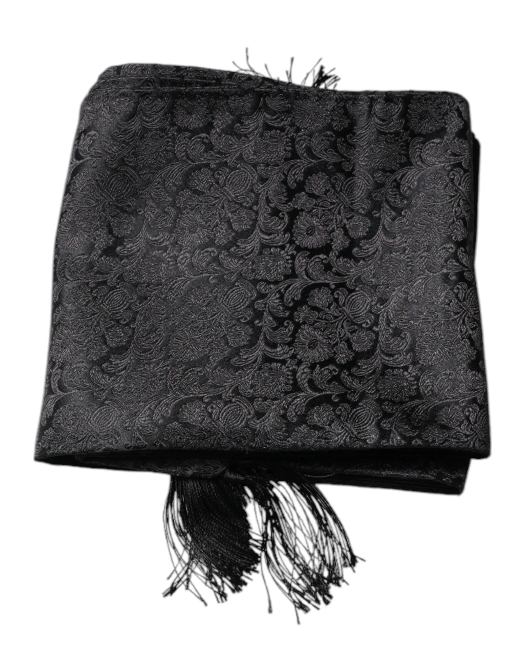 Black Floral Jacquard Skinny Fringes Scarf