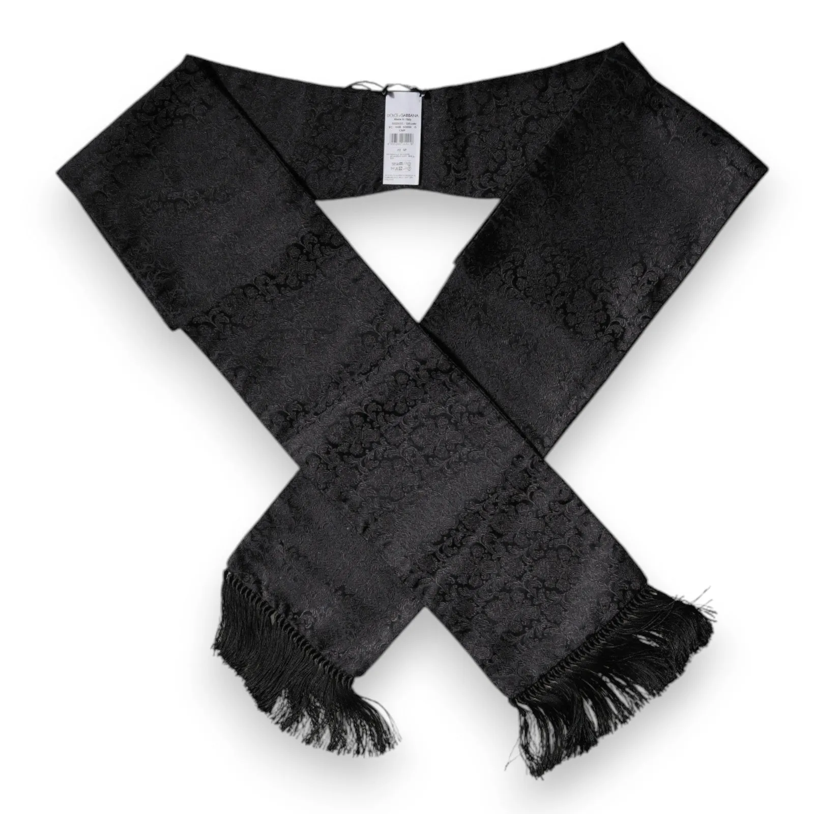 Black Floral Jacquard Skinny Fringes Scarf