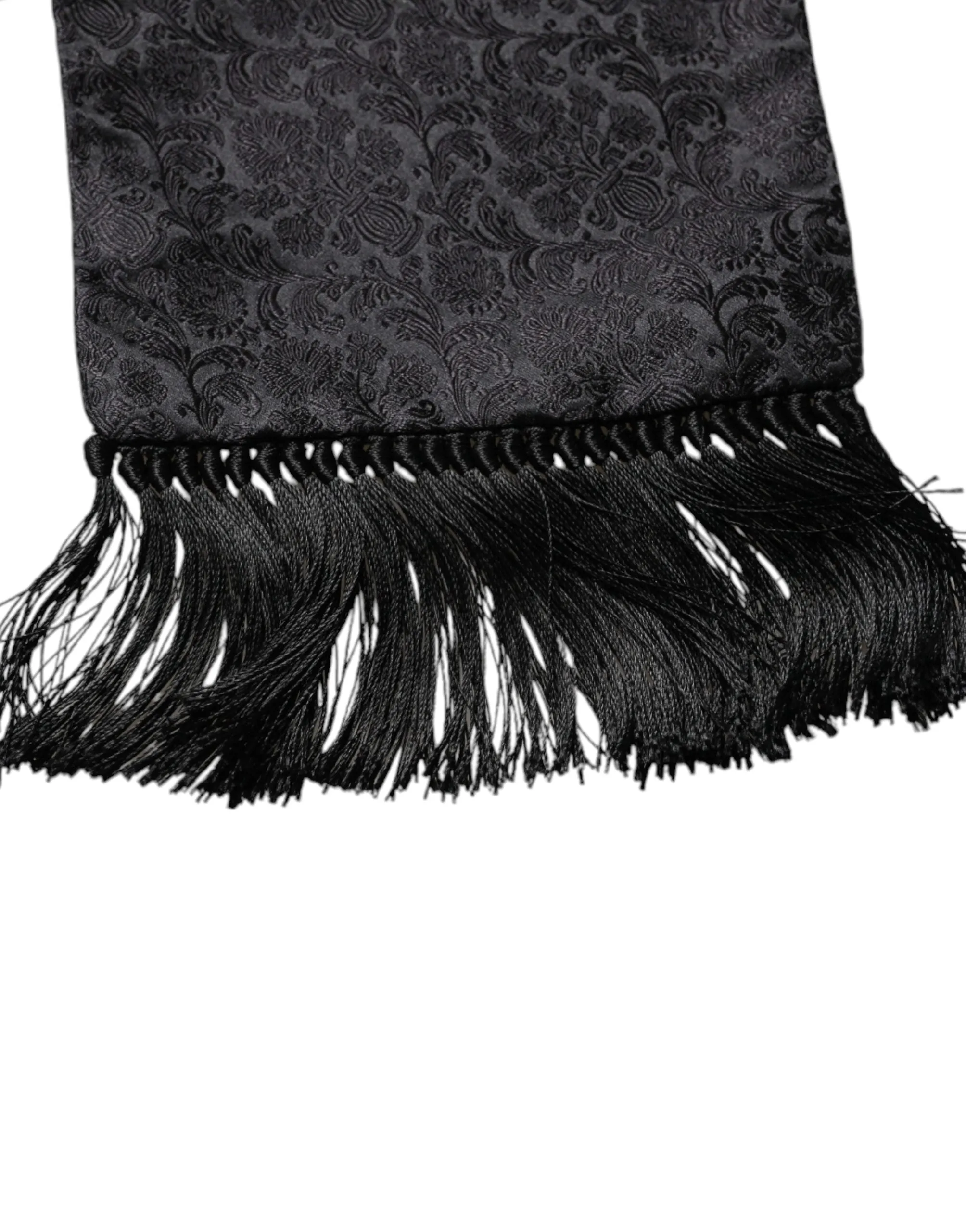 Black Floral Jacquard Skinny Fringes Scarf
