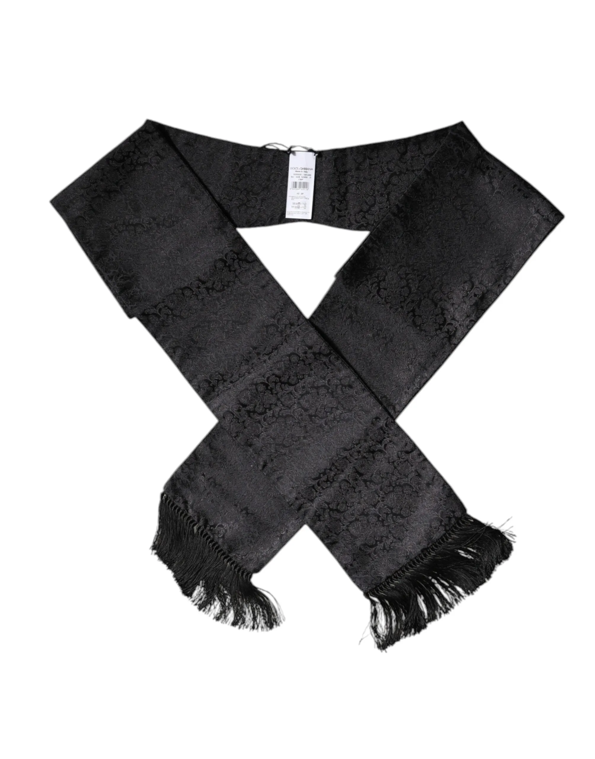 Black Floral Jacquard Skinny Fringes Scarf