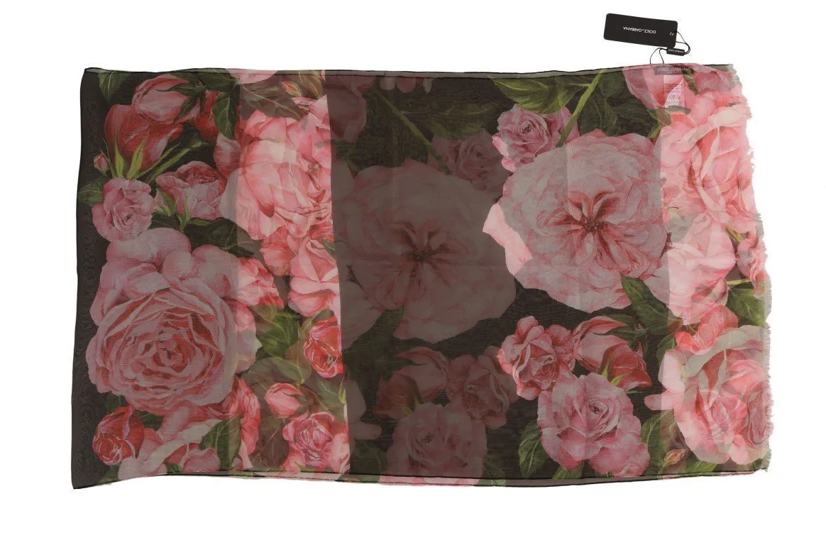 Black Pink Roses Print Silk Scarf