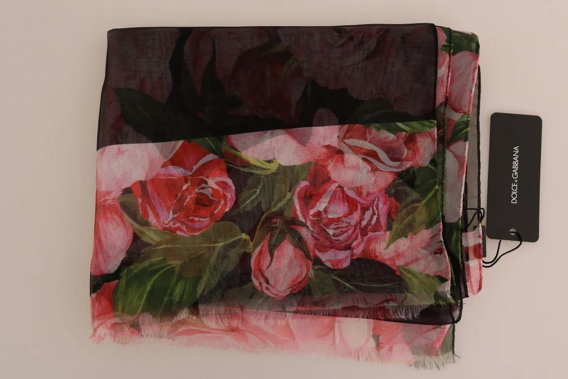 Black Pink Roses Print Silk Scarf