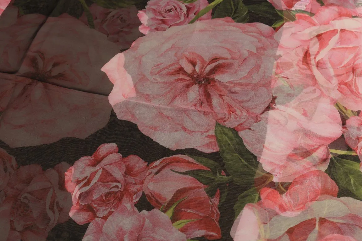 Black Pink Roses Print Silk Scarf