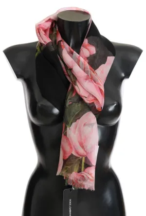 Black Pink Roses Print Silk Scarf