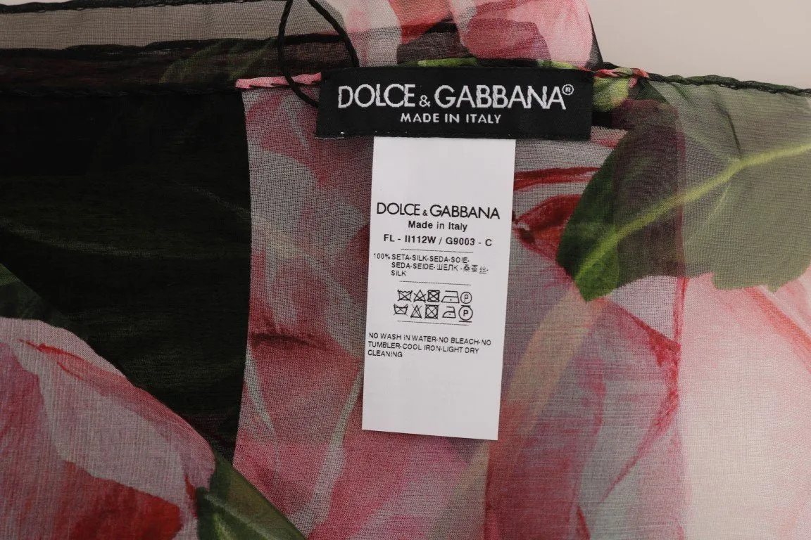 Black Pink Roses Print Silk Scarf