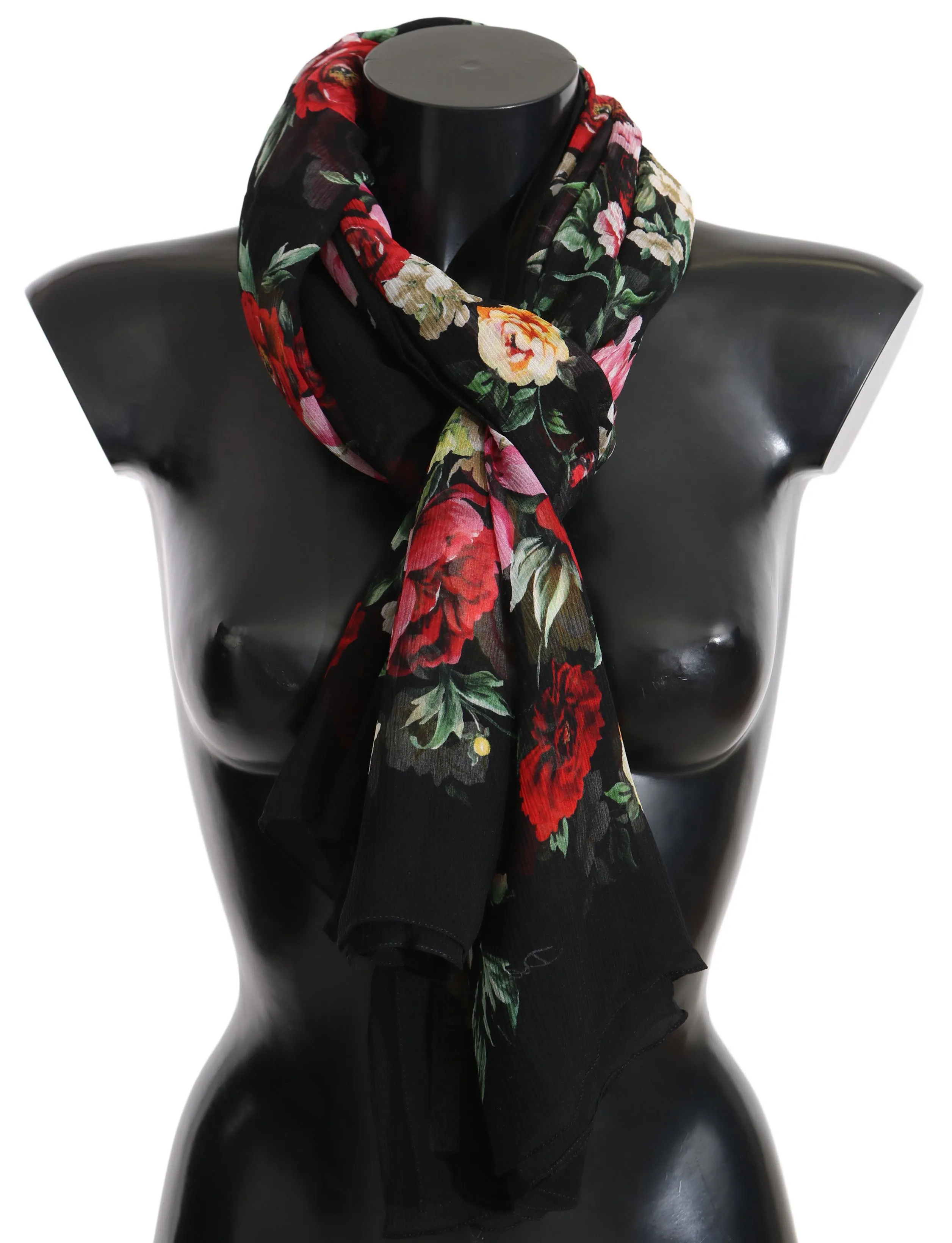 Black Roses Floral Silk Wrap Shawl Scarf