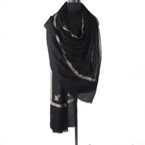Black sozni Embroidered Hashidaar Pashmina Shawl