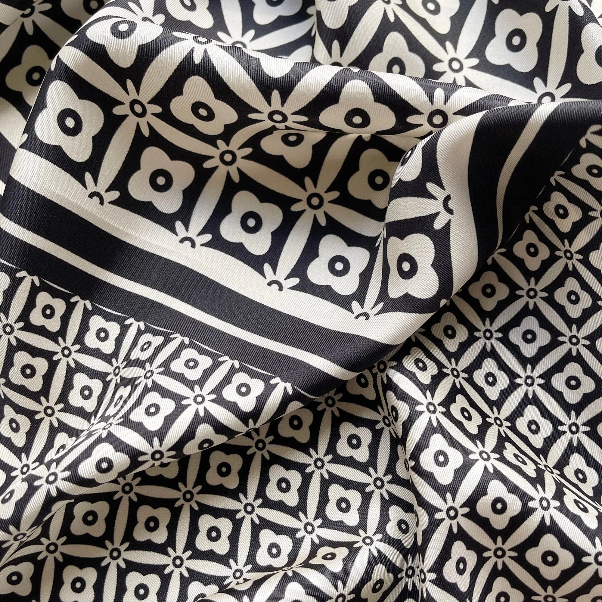 Black White Monochrome Bloom Silk Scarf - 90cm Hand-rolled Women's Head Scarf