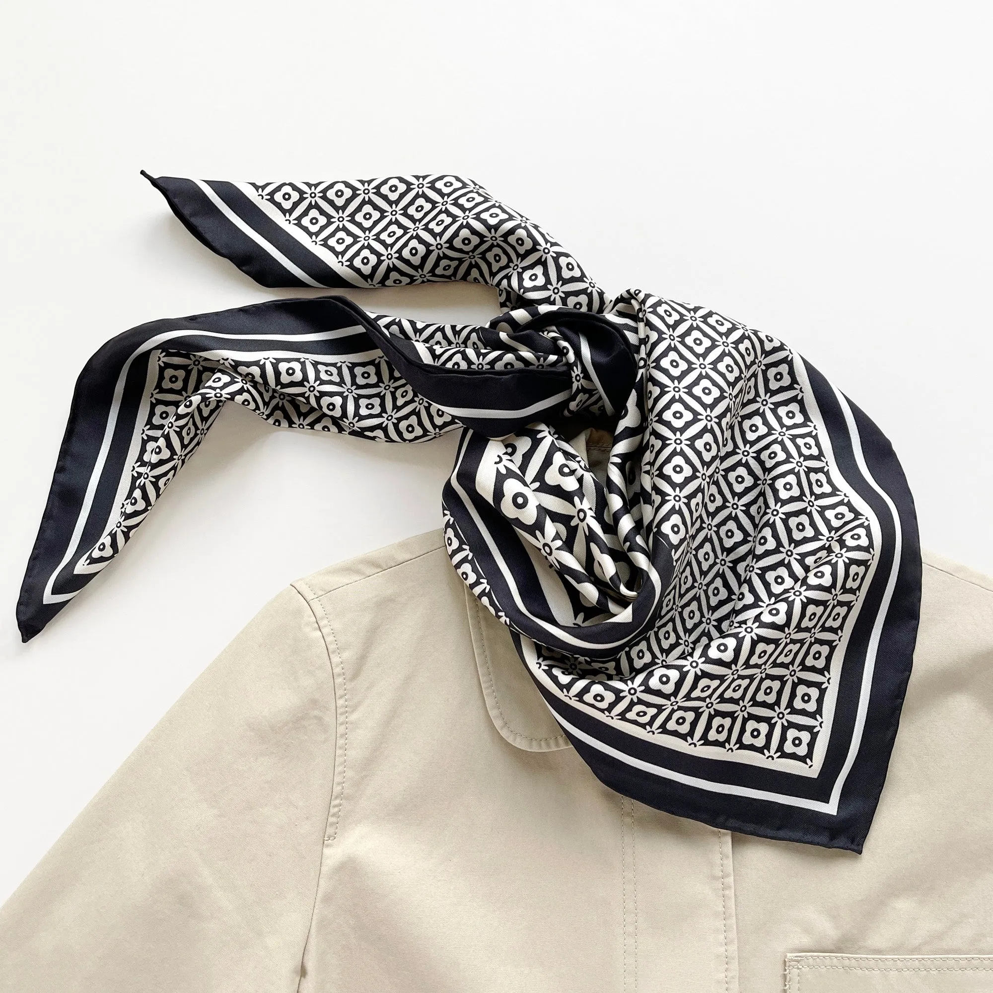 Black White Monochrome Bloom Silk Scarf - 90cm Hand-rolled Women's Head Scarf