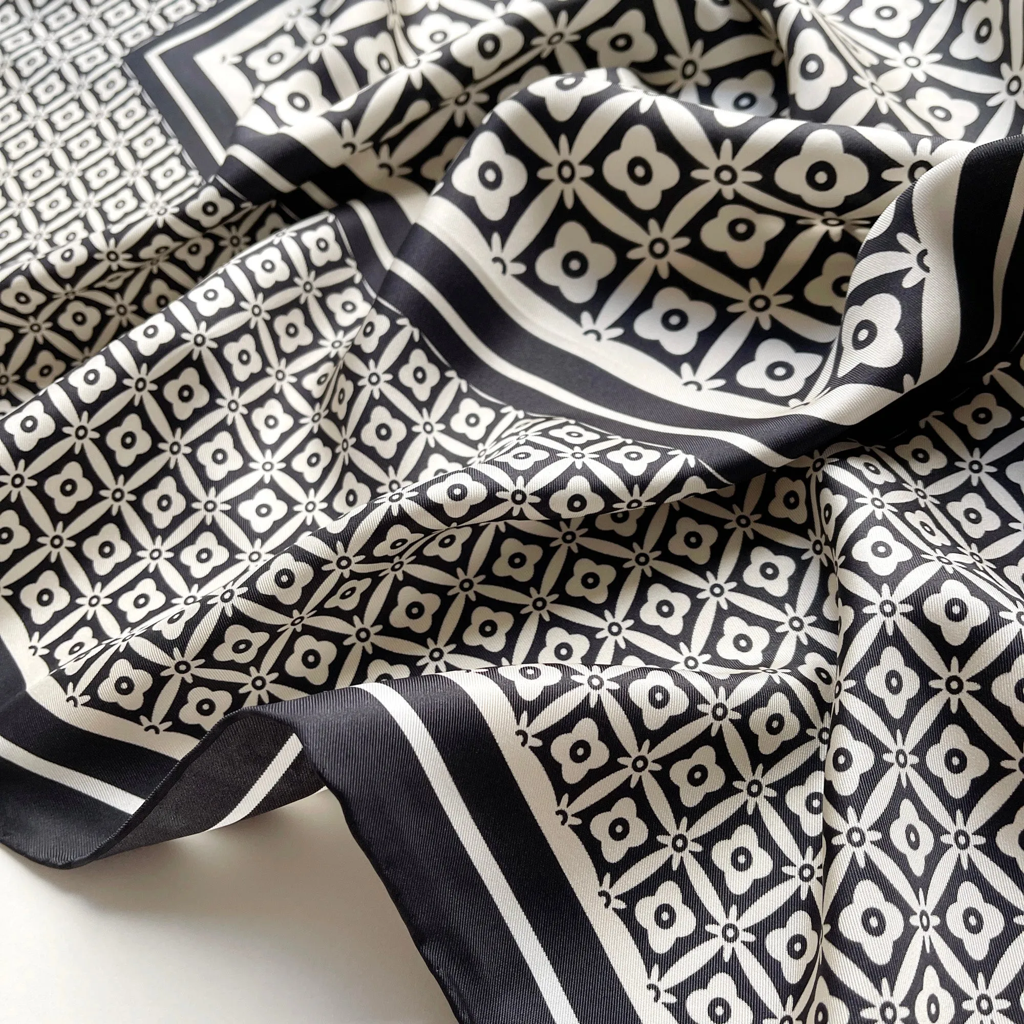 Black White Monochrome Bloom Silk Scarf - 90cm Hand-rolled Women's Head Scarf