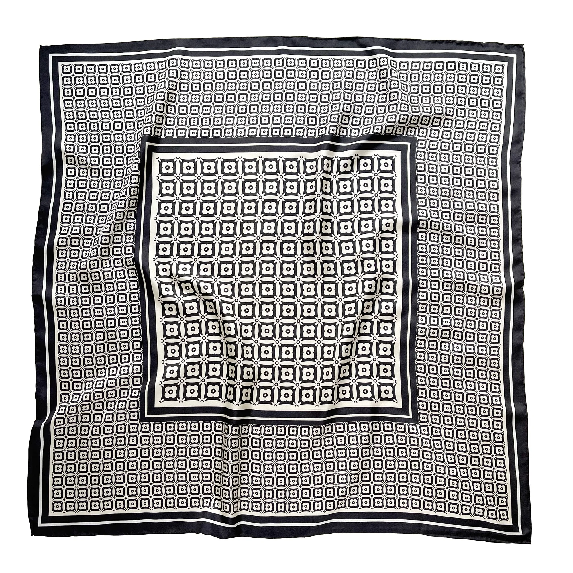 Black White Monochrome Bloom Silk Scarf - 90cm Hand-rolled Women's Head Scarf