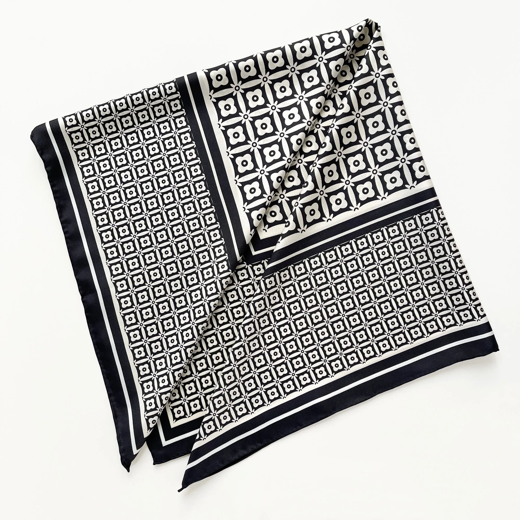 Black White Monochrome Bloom Silk Scarf - 90cm Hand-rolled Women's Head Scarf
