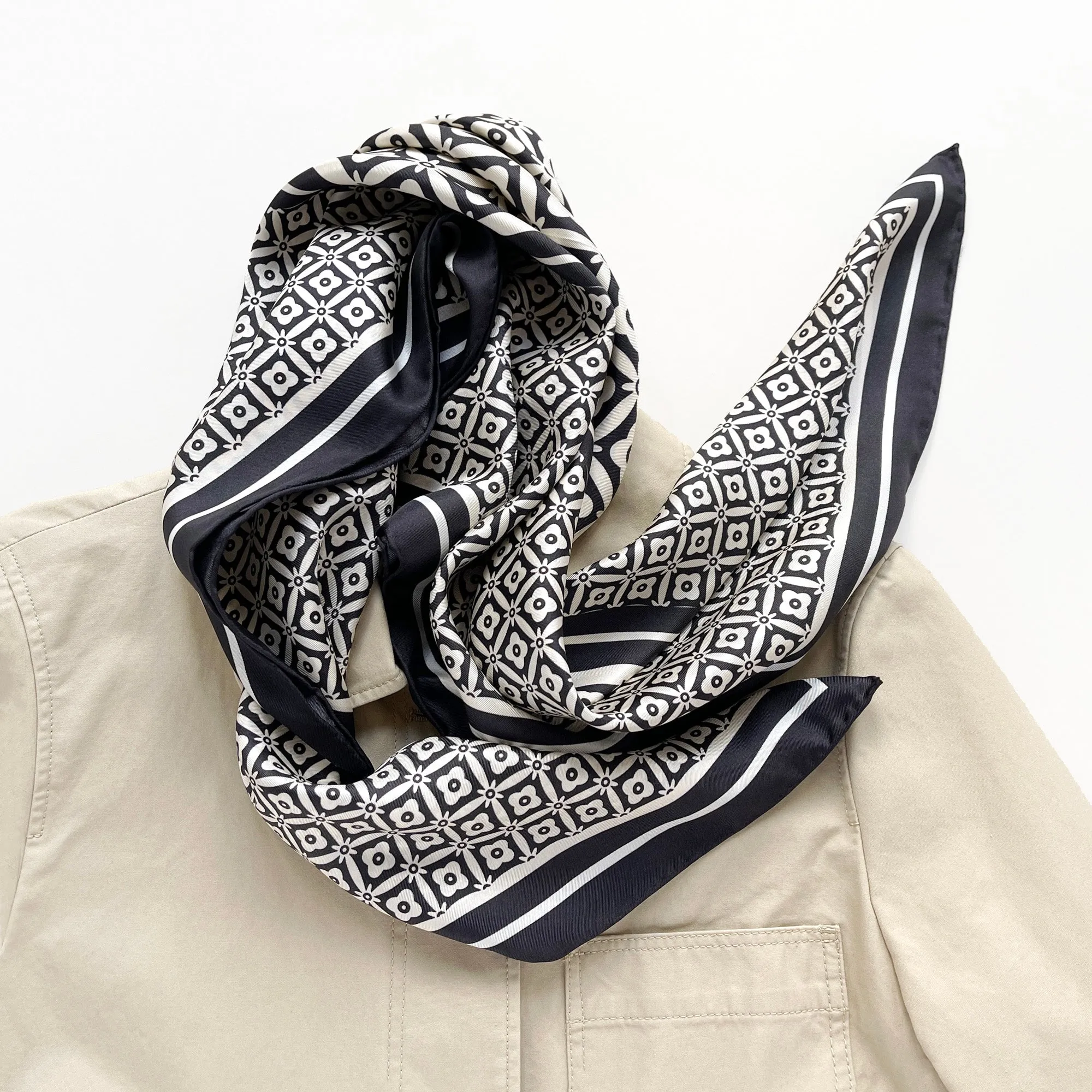 Black White Monochrome Bloom Silk Scarf - 90cm Hand-rolled Women's Head Scarf