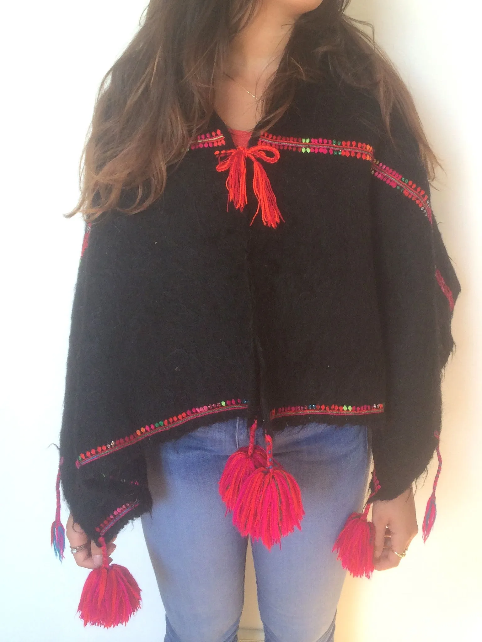 Black woolen Blanket/shawl &Pink pompom tassels