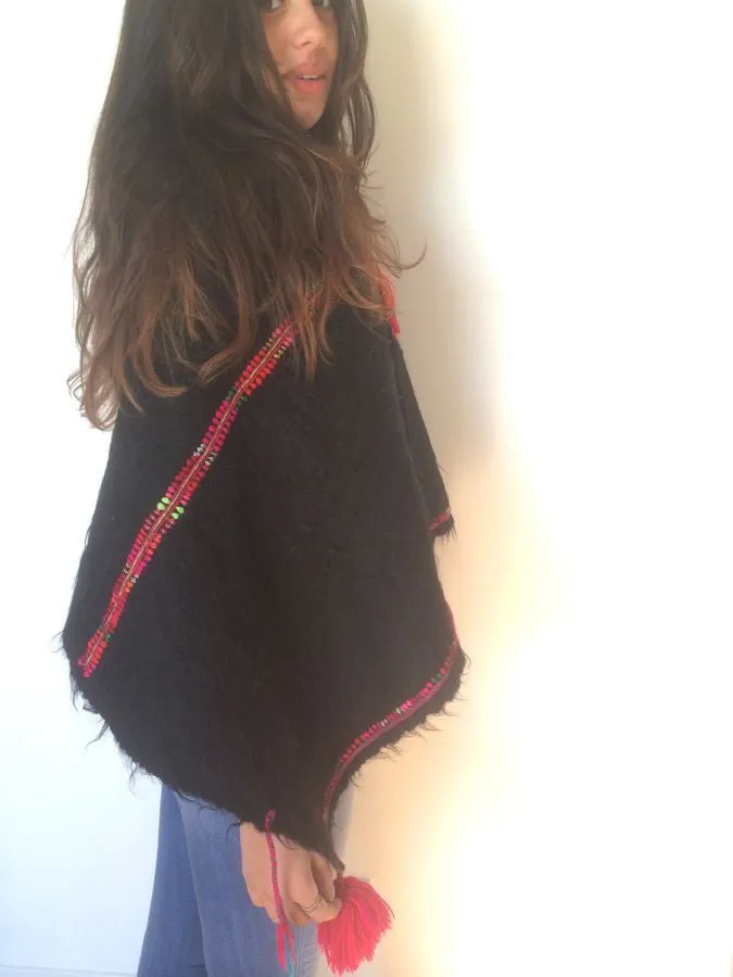 Black woolen Blanket/shawl &Pink pompom tassels