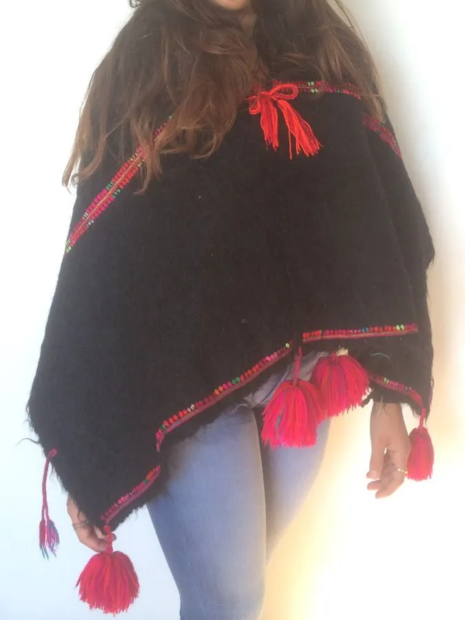 Black woolen Blanket/shawl &Pink pompom tassels