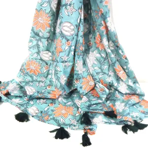Block Print Scarf with Tassels, Turquoise