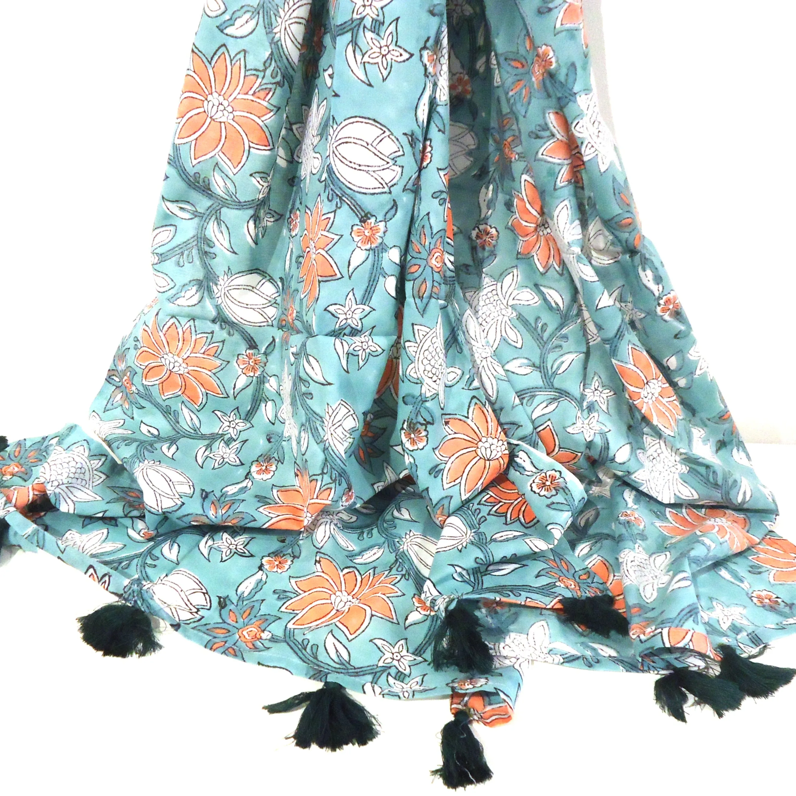 Block Print Scarf with Tassels, Turquoise