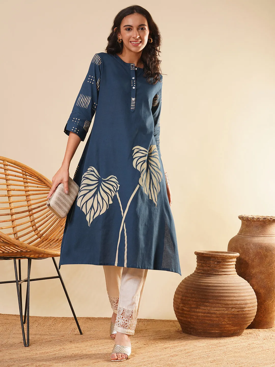 Blue Comfort Fit Cotton Kurta for Women Online in India - Zola