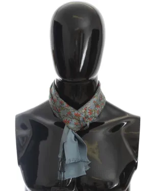 Blue Floral Pattern Silk Scarf