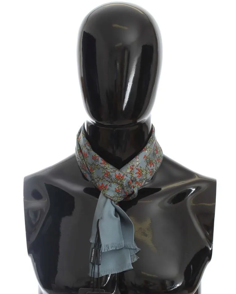 Blue Floral Pattern Silk Scarf