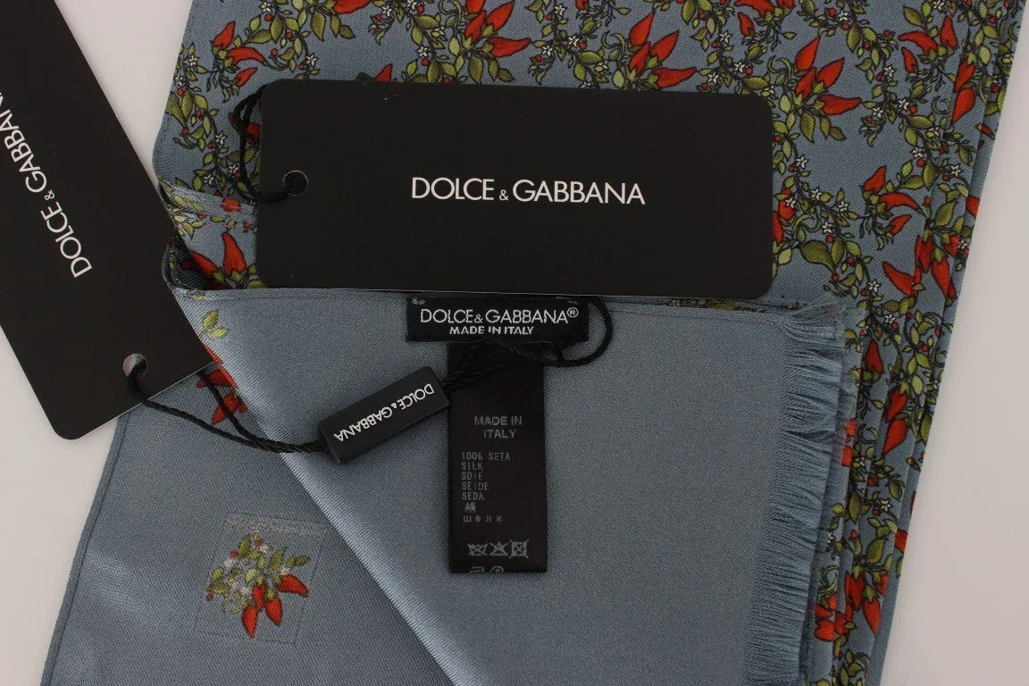 Blue Floral Pattern Silk Scarf
