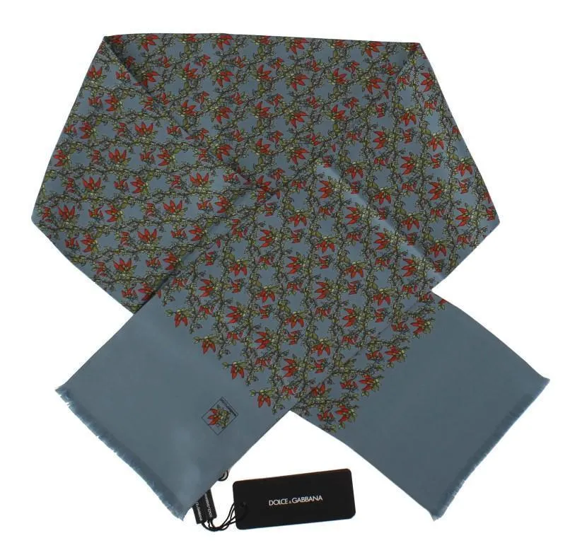 Blue Floral Pattern Silk Scarf